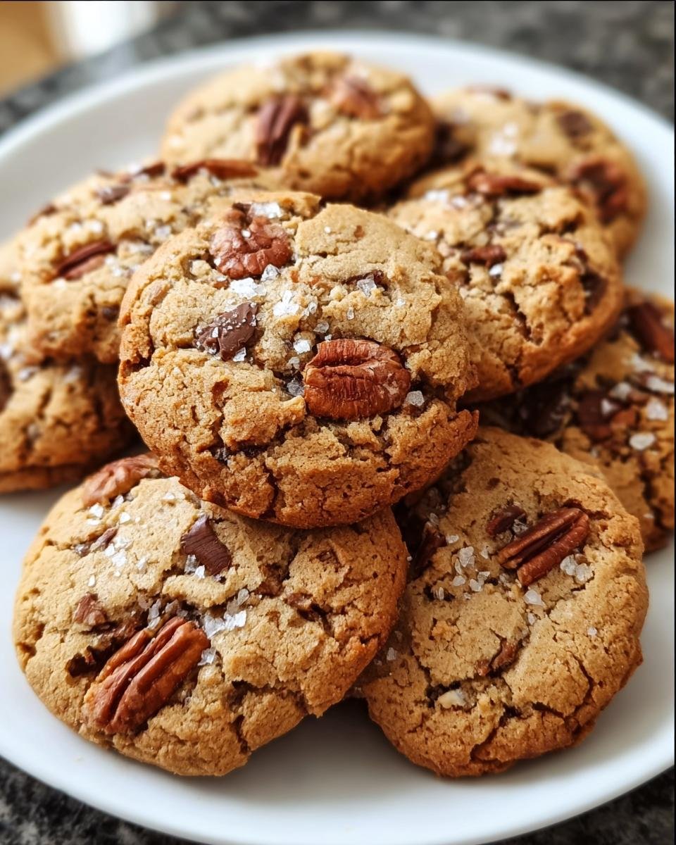 A plate of freshly baked Keto Pecan Softies, topped with pecans and sea salt.
