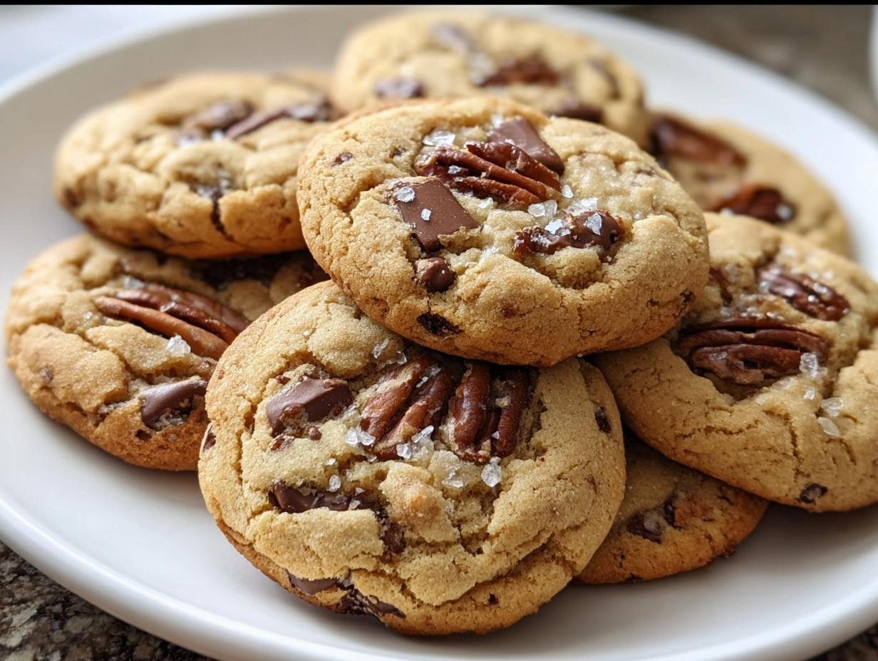 A stack of freshly baked Keto Pecan Softies on a white plate, topped with pecans, chocolate chunks, and sea salt.