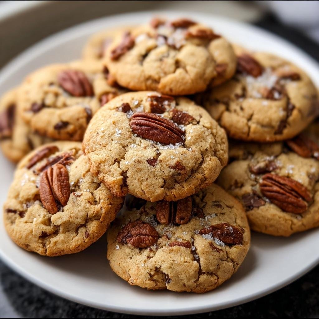 A plate of freshly baked Keto Pecan Softies, topped with pecans and a sprinkle of sweetener.