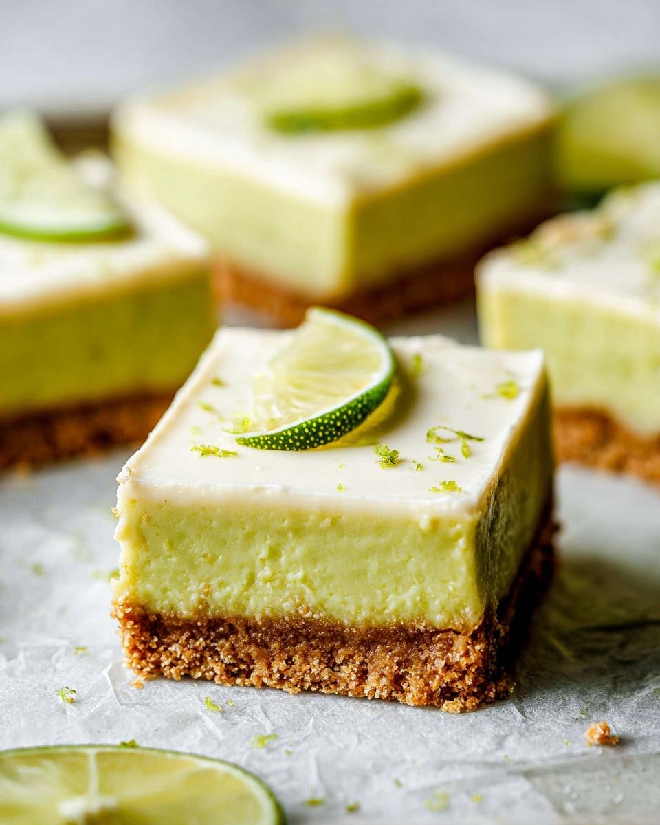 A square serving of no bake Key Lime Pie Bars showing a thick graham cracker crust and creamy lime filling, topped with zest and a lime slice.