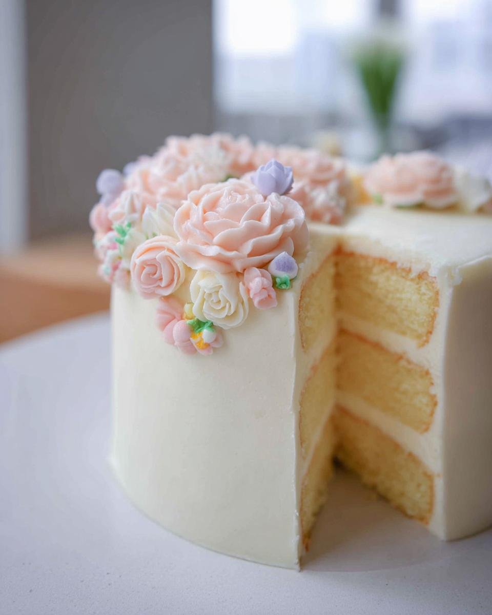 A slice cut from a Lemon Elderflower Celebration Cake showing three layers, decorated with delicate pink and white buttercream flowers.