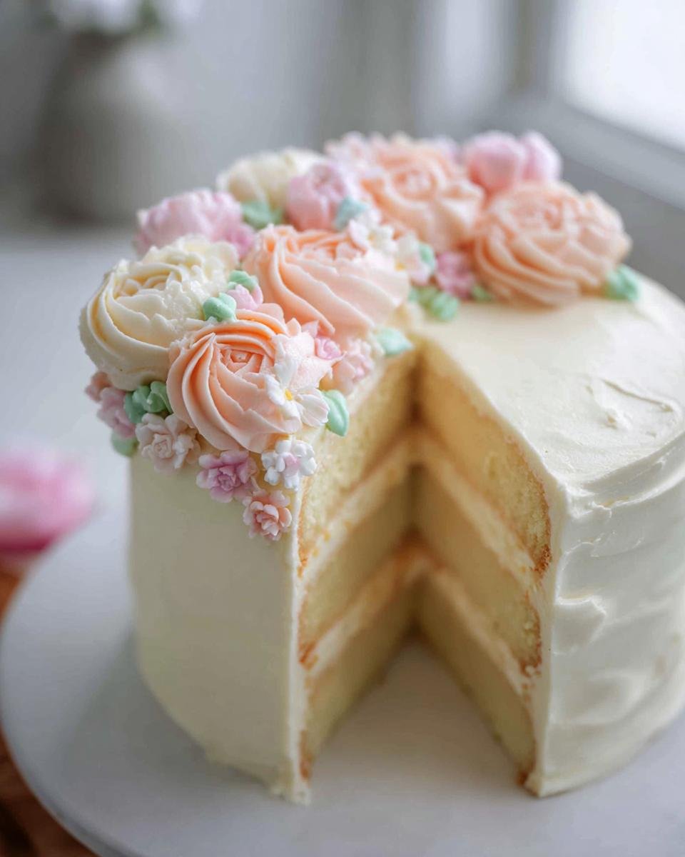 A slice removed from a Lemon Elderflower Celebration Cake showing three layers and topped with delicate buttercream flowers.