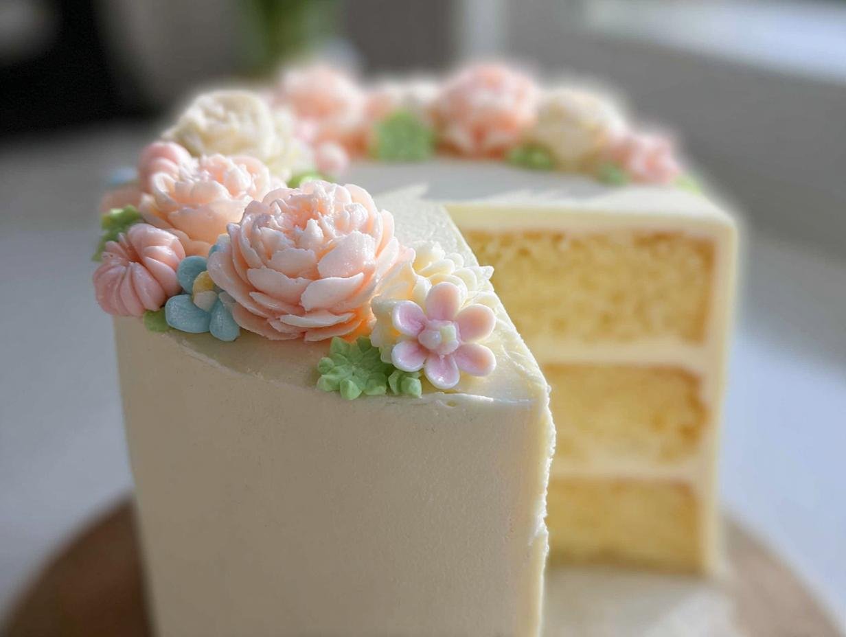 A slice cut from a Lemon Elderflower Celebration Cake, showing three layers and topped with delicate buttercream flowers.