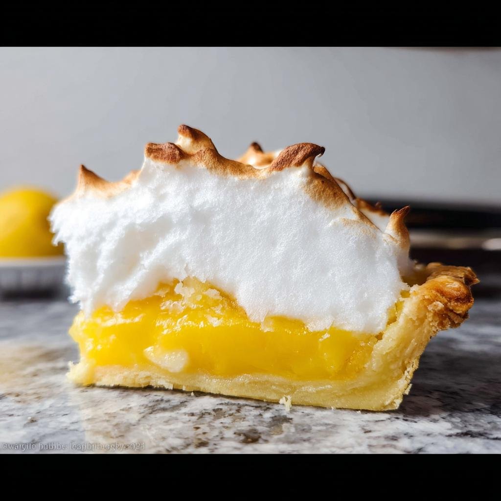 Close-up of a slice of Lemon Meringue Pie with tall peaks of toasted meringue over bright yellow filling.