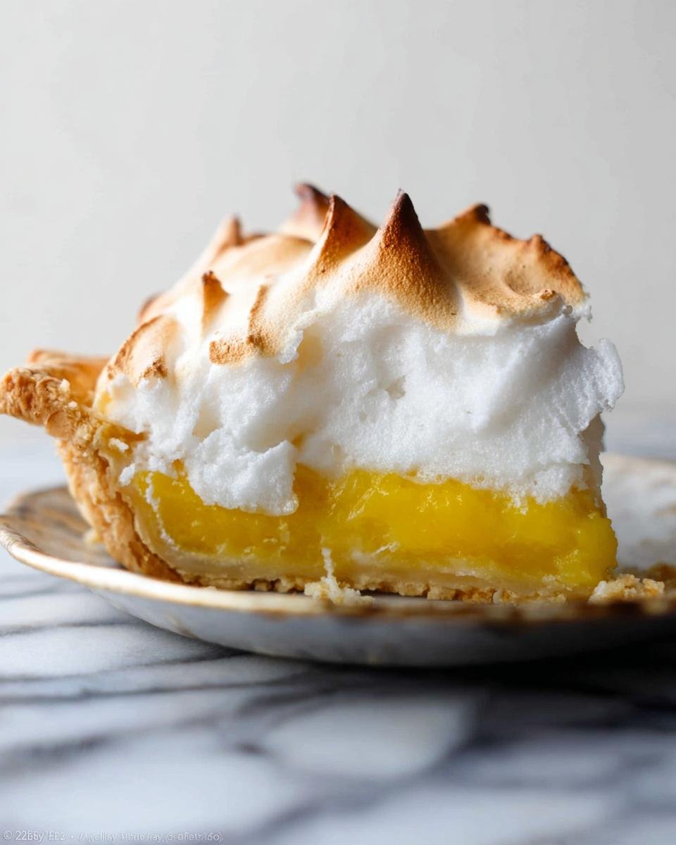 Close-up of a slice of Lemon Meringue Pie with Tall Peaks showing bright yellow curd and toasted meringue.