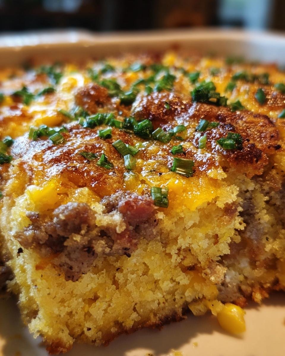A close-up of a slice of Loaded Cornbread Casserole, showing layers of cornbread, meat, cheese and chives.