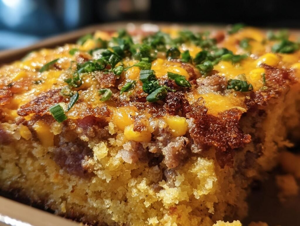 Close-up of a slice of loaded cornbread casserole with cheese, bacon, corn, and green onions.