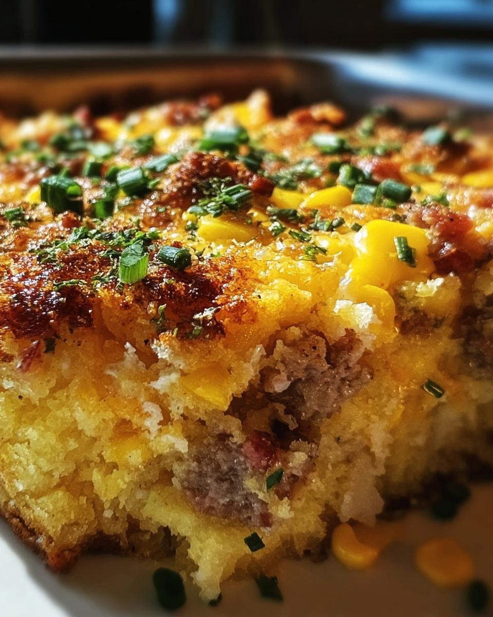 Close-up of a slice of loaded cornbread casserole with corn, meat, and chives.