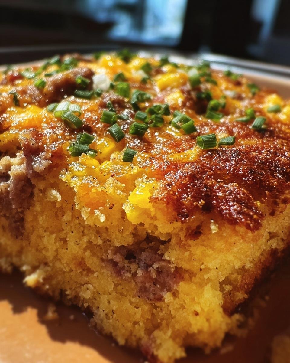 A slice of golden brown Loaded Cornbread Casserole topped with cheese and chives.