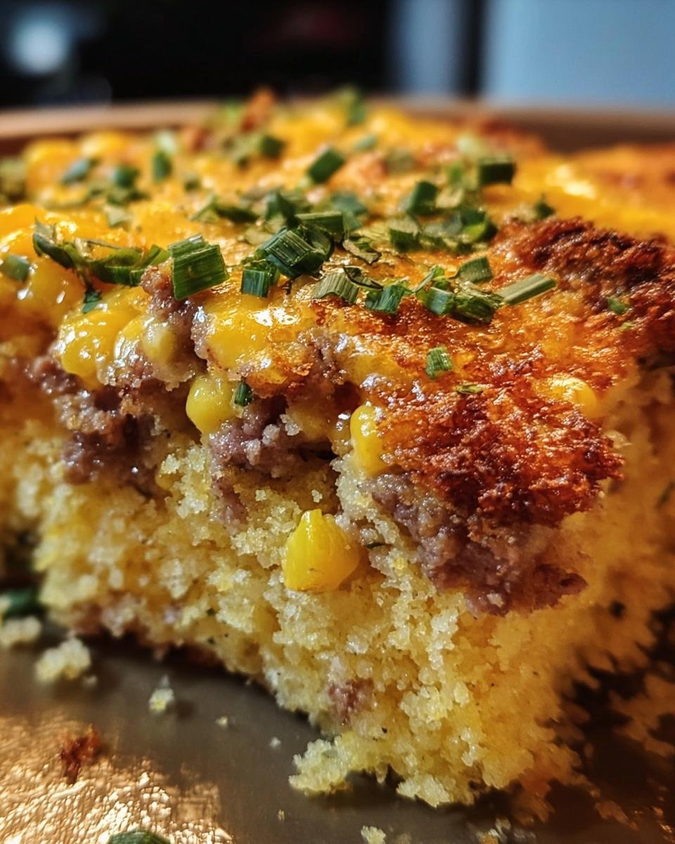 A close-up of a slice of Loaded Cornbread Casserole showing layers of cornbread, meat, corn, and cheese.