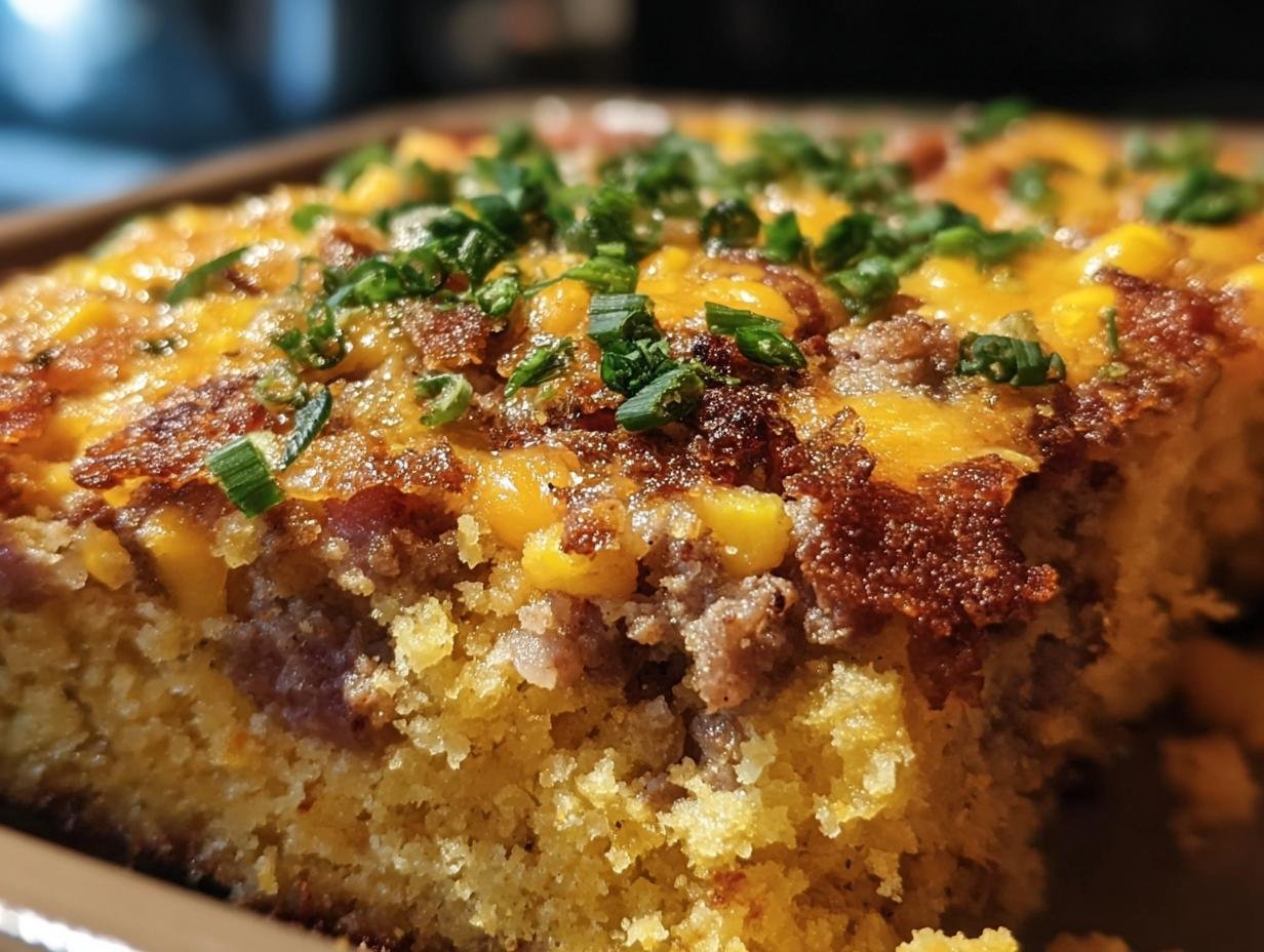 Close-up of a slice of loaded cornbread casserole with cheese, bacon, corn, and green onions.