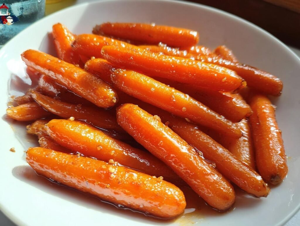 A close-up shot of tender baby carrots coated in a shiny, dark maple glaze, served in a white bowl.