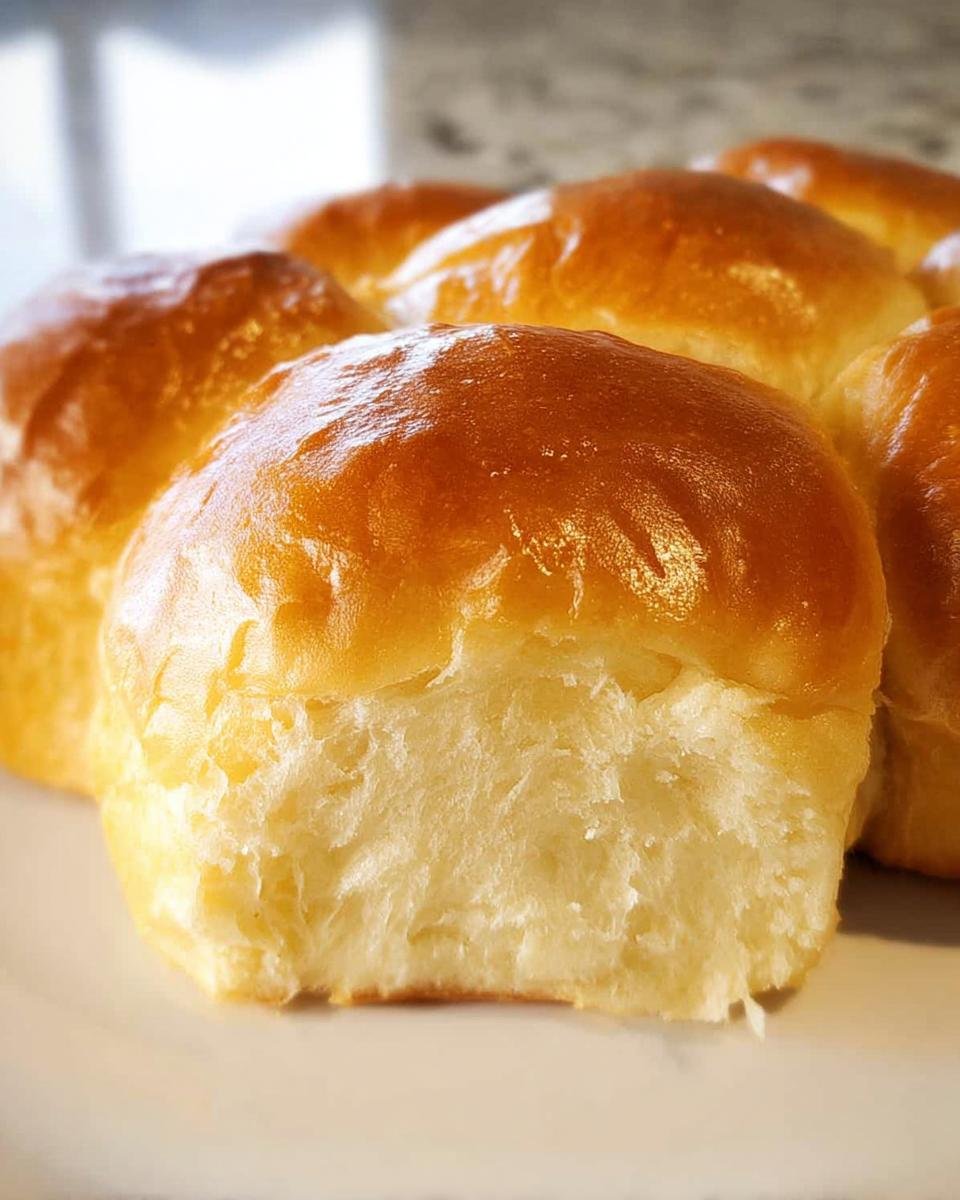 A close-up showing the fluffy interior texture of one of the golden-brown Milk Bread Rolls Supersoft.