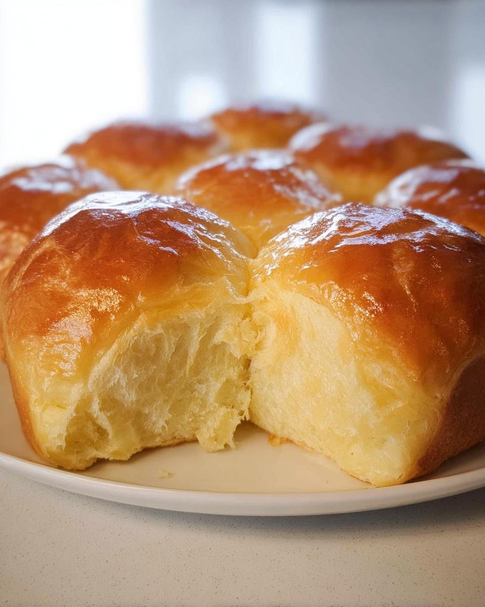 A cluster of shiny, golden-brown Milk Bread Rolls Supersoft, with one roll pulled apart showing the fluffy, soft interior.