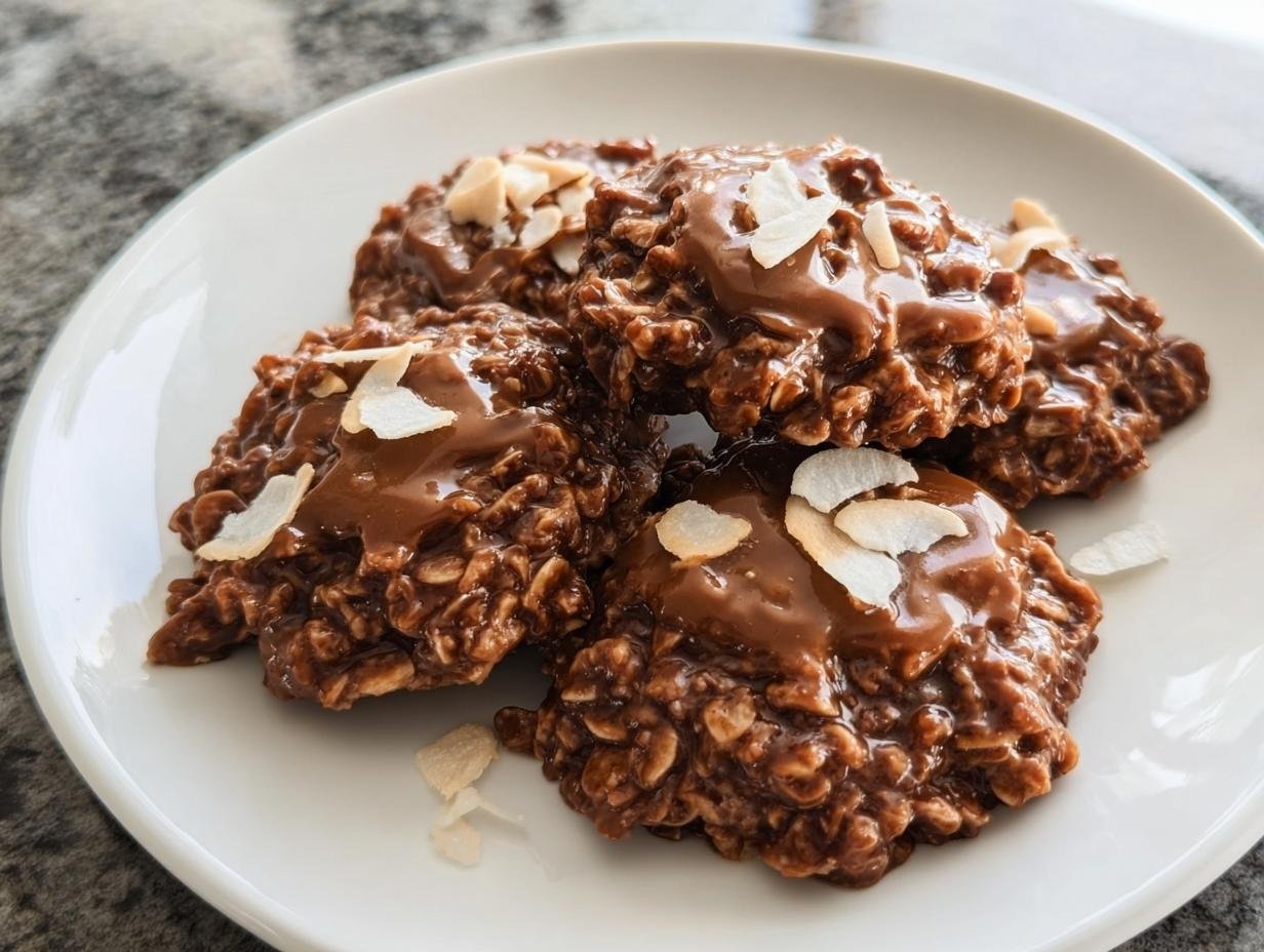 A plate of homemade No Bake Cookies with chocolate and coconut flakes, ready to eat.