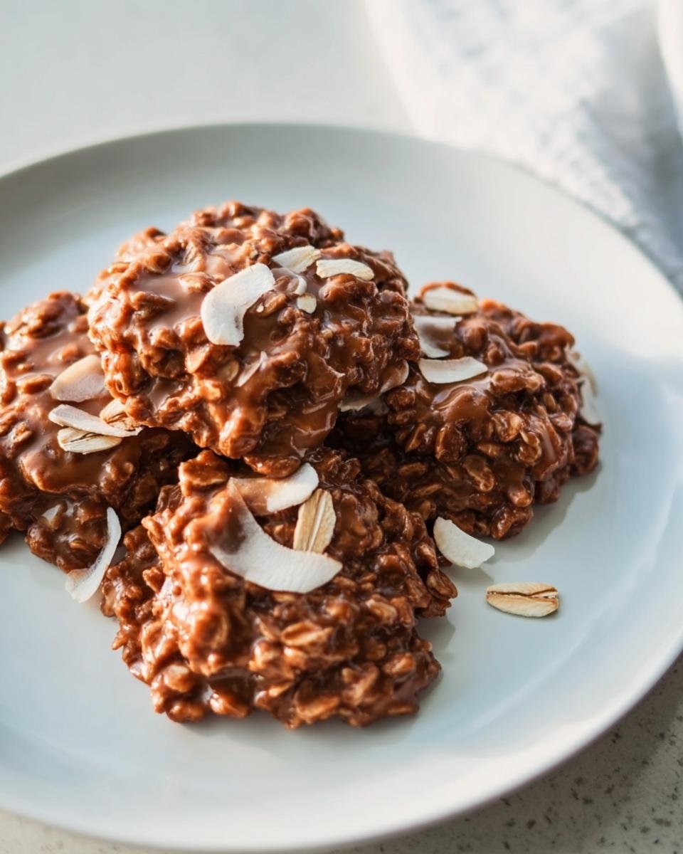 A plate of homemade No Bake Cookies, topped with coconut flakes, ready to be enjoyed.