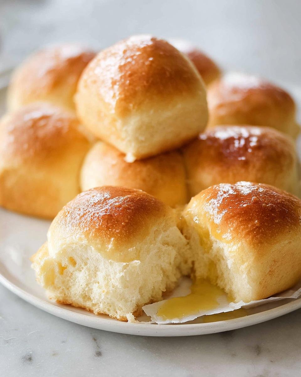 A plate of golden brown No Knead Skillet Dinner Rolls, one split open showing melted butter inside.
