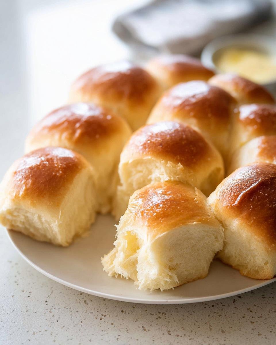 A plate filled with freshly baked, golden-brown No Knead Skillet Dinner Rolls, one pulled apart showing the soft interior.
