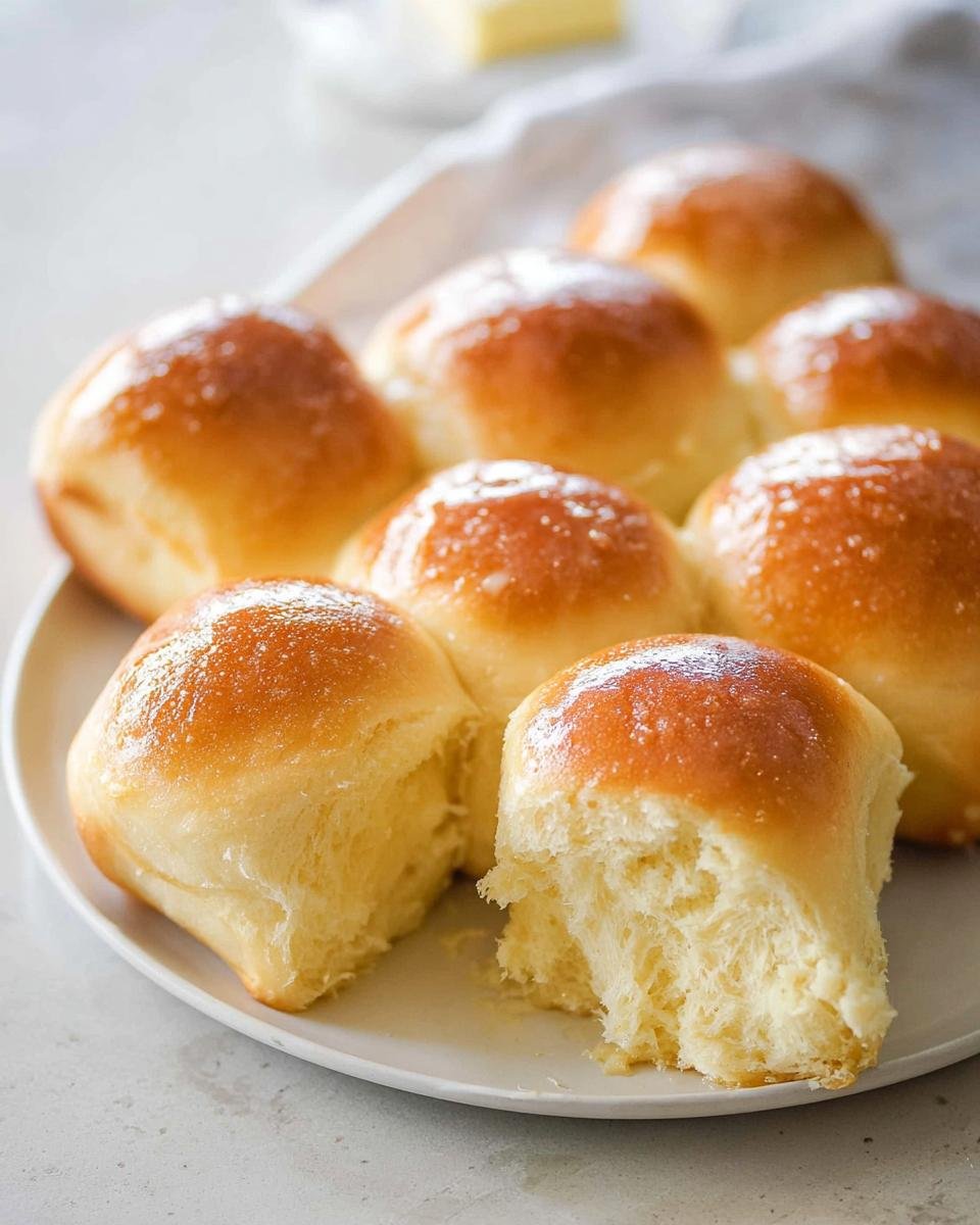 A plate of freshly baked, golden brown No Knead Skillet Dinner Rolls, one roll pulled apart showing the soft interior.