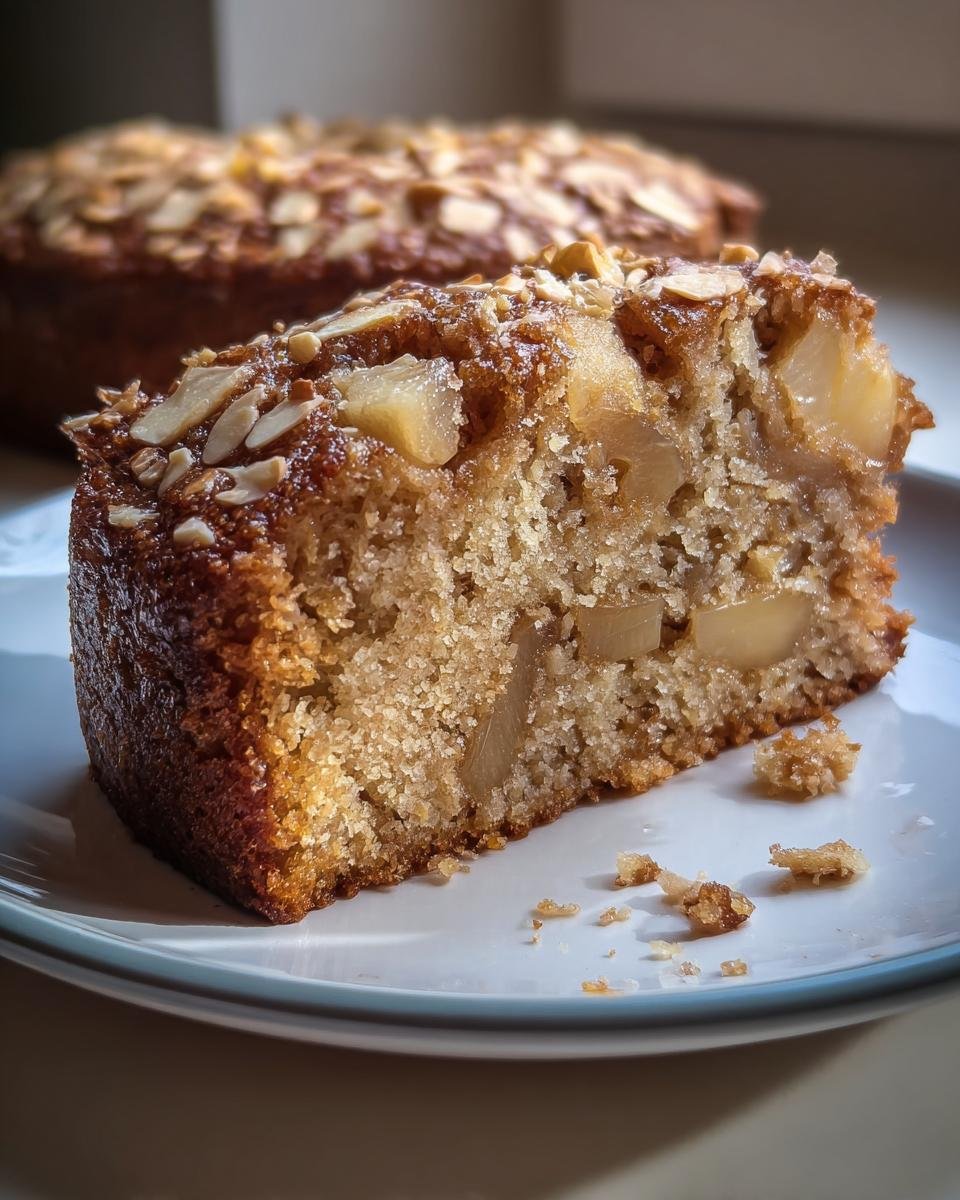 A close-up slice of moist Oatmeal Apple Cake, studded with apple pieces and topped with sliced almonds.