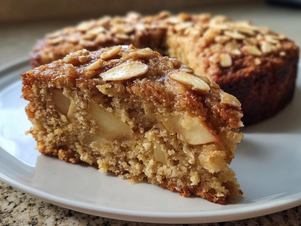 Close-up of a slice of moist Oatmeal Apple Cake showing chunks of apple inside and topped with toasted sliced almonds.