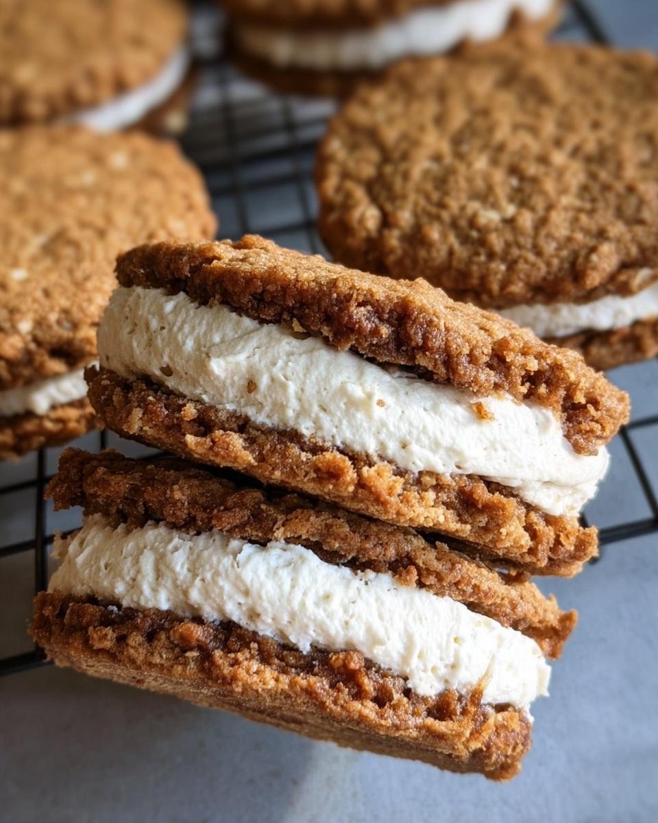 Close-up of stacked Oatmeal Creme Pie cookies with a thick layer of cream filling.