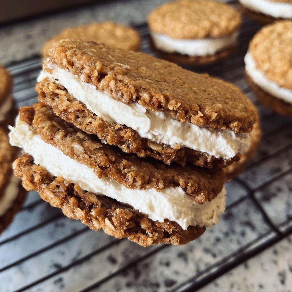 Close-up of stacked Oatmeal Creme Pie cookies with thick white filling on a wire rack.