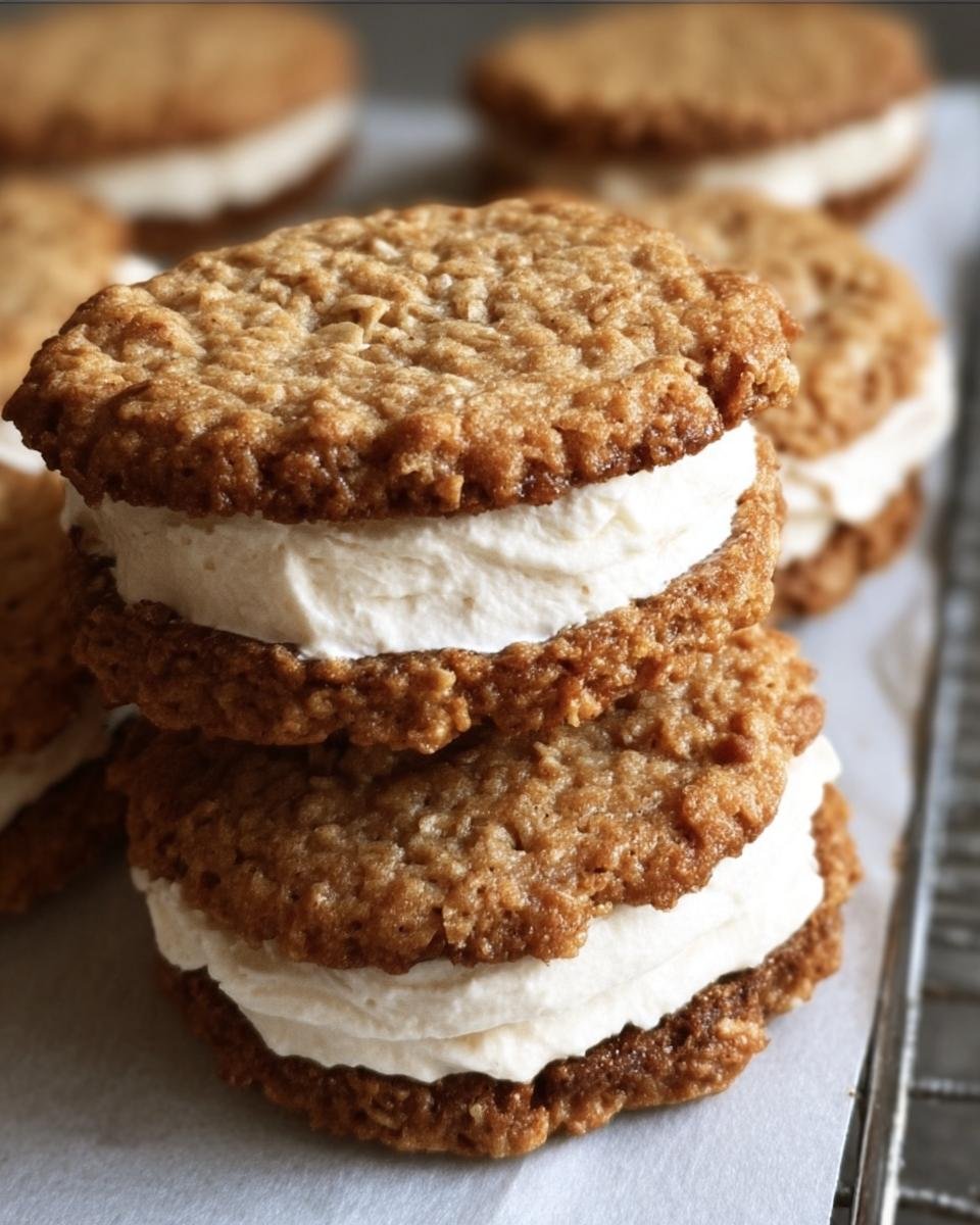 A stack of two Oatmeal Creme Pie cookies with a thick layer of white cream filling between the oatmeal cookies.