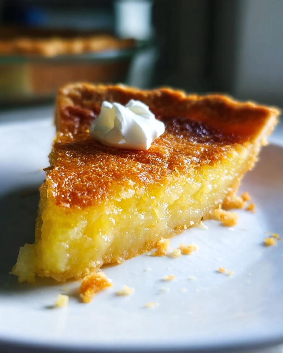 A close-up of a slice of Old Fashioned Chess Pie with a glossy, caramelized top and a dollop of whipped cream.