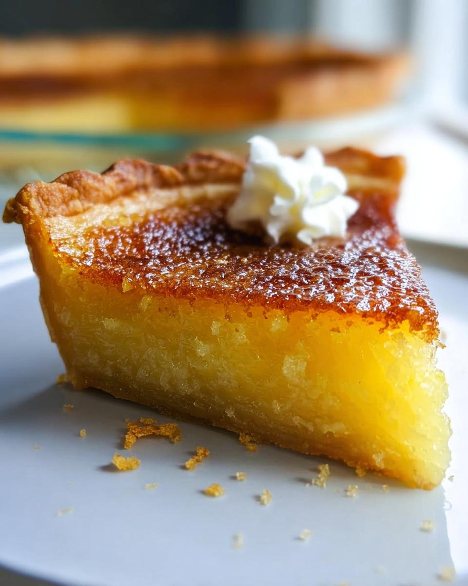 A close-up slice of rich, yellow Old Fashioned Chess Pie topped with a dollop of whipped cream.