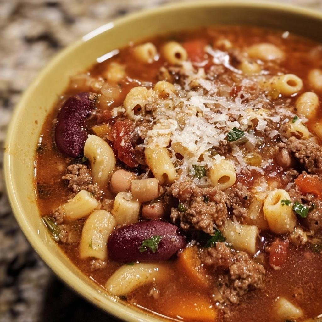 A close-up of a bowl of Olive Garden Pasta e Fagioli soup, showing pasta, beans, meat, and vegetables.