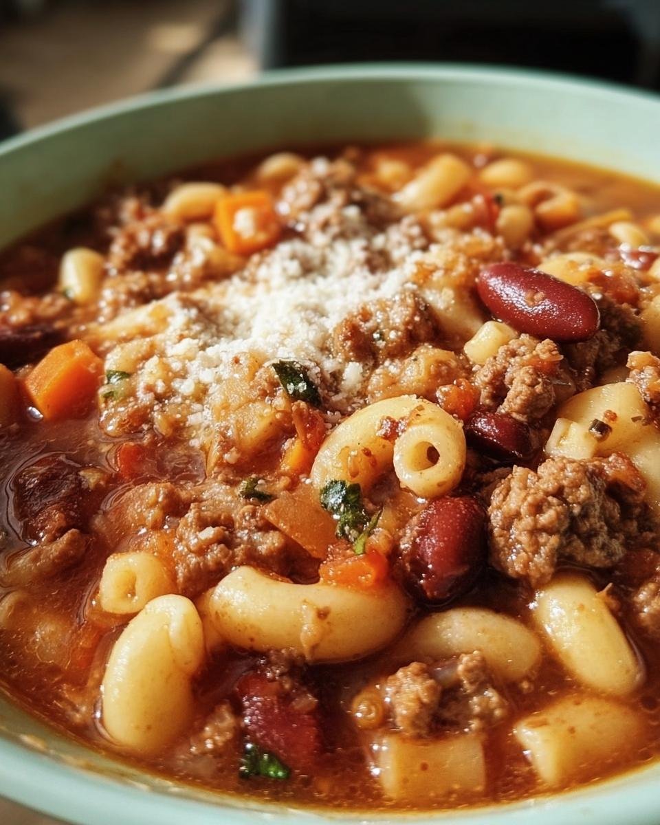A close-up of Olive Garden Pasta e Fagioli soup with pasta, beans, vegetables, and ground meat.