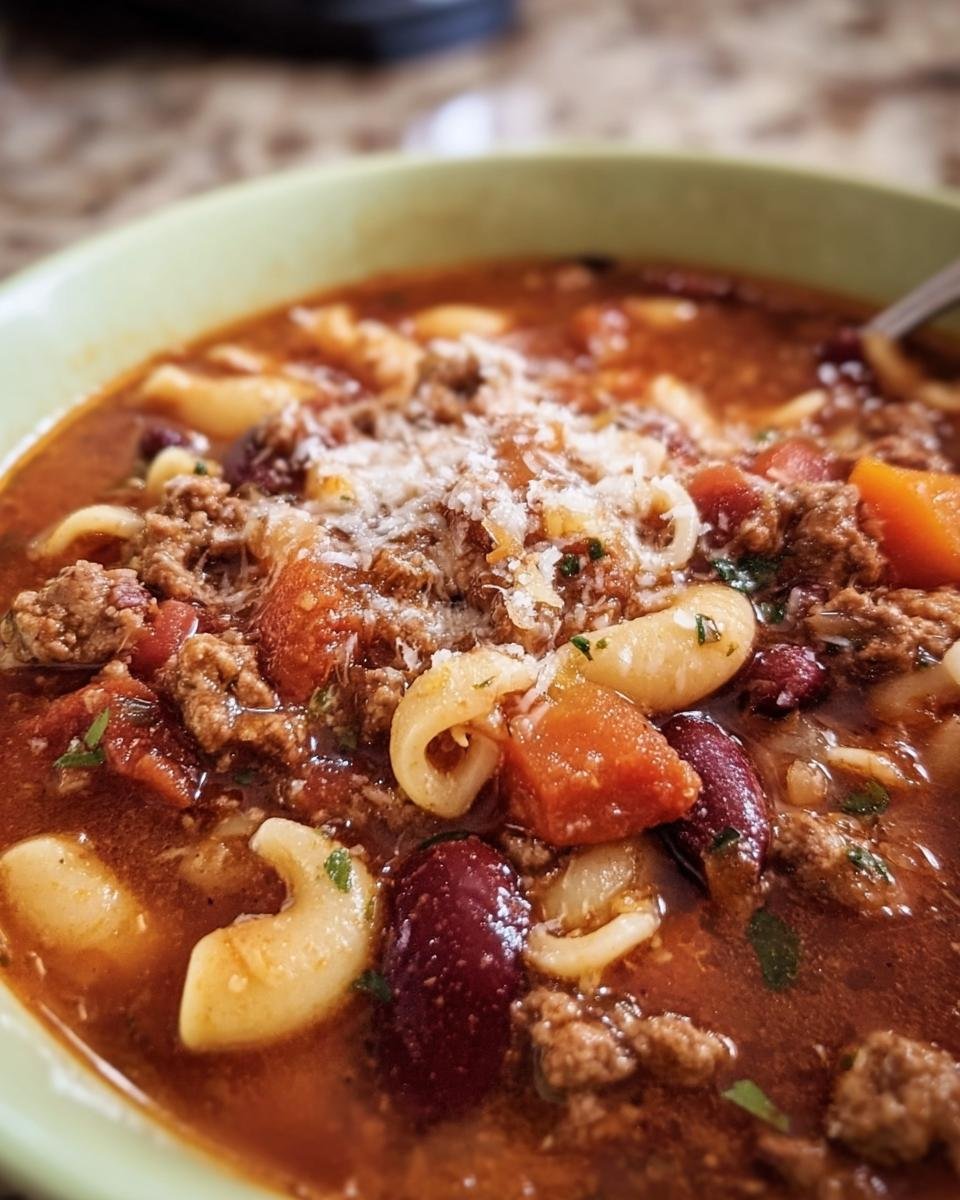 Close-up of Olive Garden Pasta e Fagioli soup with pasta, beans, ground meat, and vegetables in a green bowl.