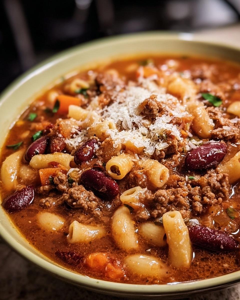 A bowl of Olive Garden Pasta e Fagioli soup, featuring pasta, beans, ground meat, and a sprinkle of cheese.