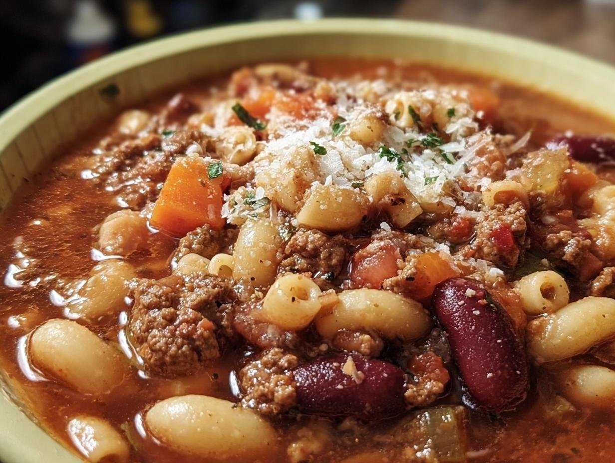 A bowl of Olive Garden Pasta e Fagioli soup, featuring pasta, beans, ground meat, and vegetables.