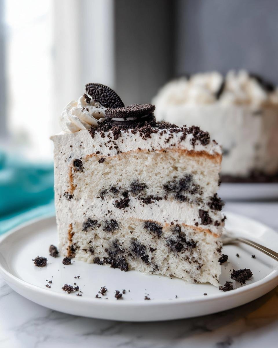 A tall slice of Oreo Cookies and Cream Cake featuring white cake layers mixed with crushed cookies and white frosting.