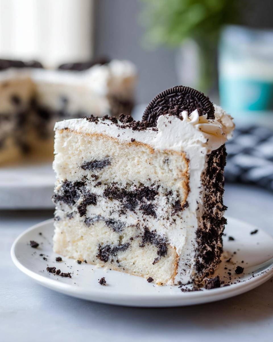 A perfect slice of Oreo Cookies and Cream Cake showing white cake layers loaded with crushed cookies and topped with frosting and a whole Oreo.