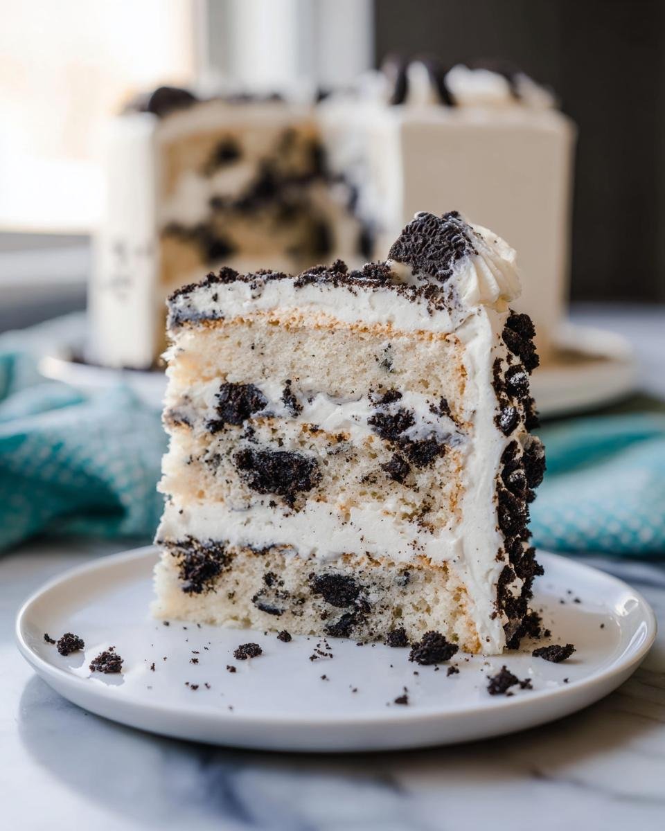A decadent slice of Oreo Cookies and Cream Cake showing layers of vanilla cake and cookies and cream frosting.