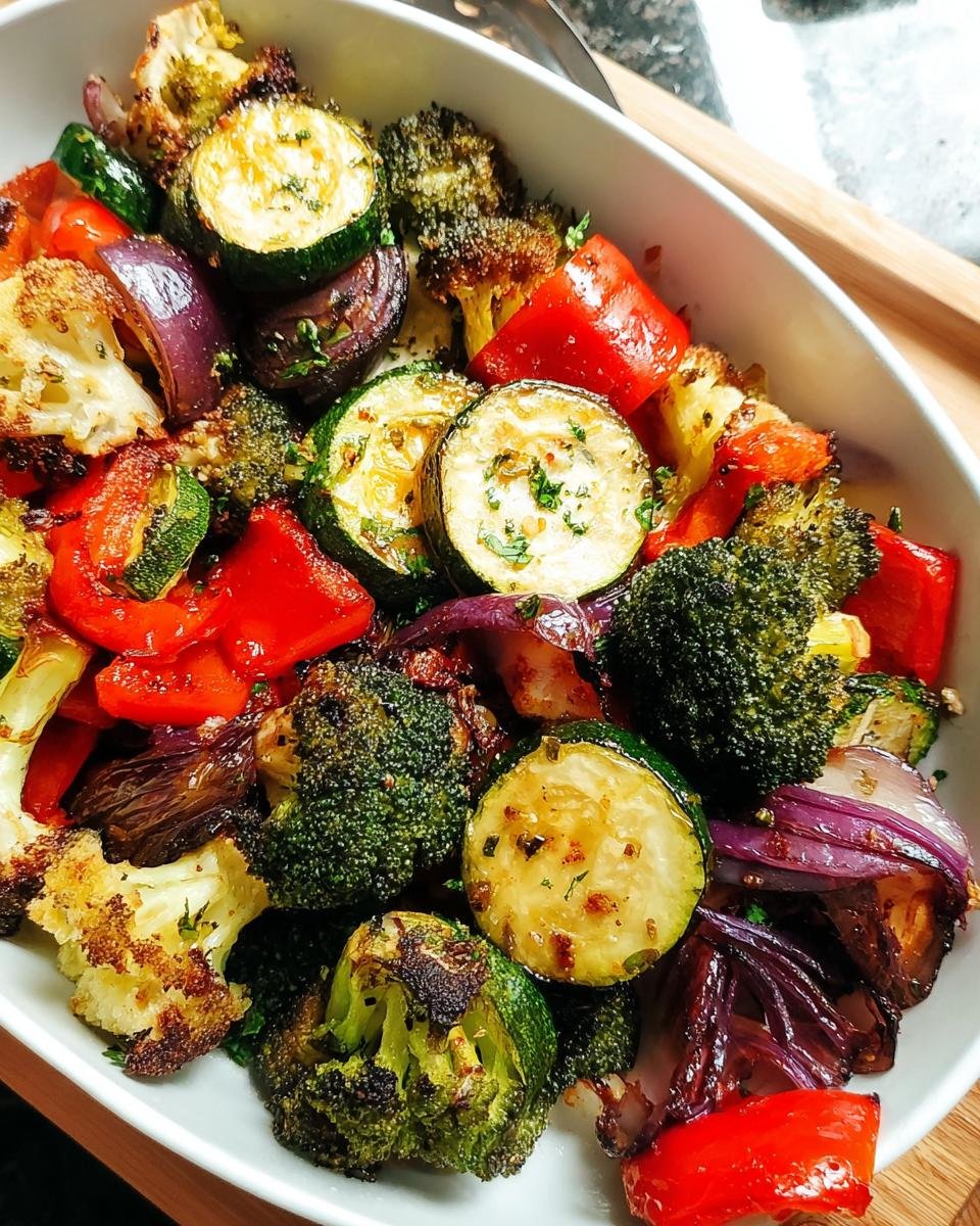 A close-up of colorful Oven Roasted Vegetables Mix and Match including zucchini, broccoli, red pepper, and onion in a white serving dish.