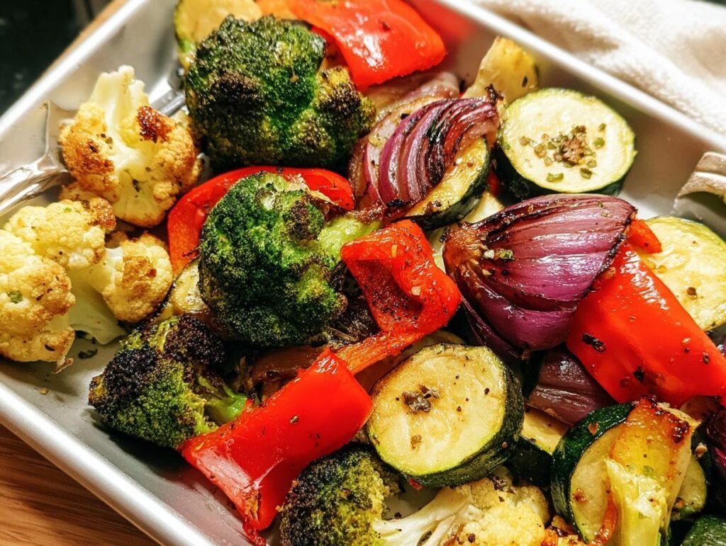 Close-up of colorful Oven Roasted Vegetables Mix and Match including broccoli, cauliflower, red pepper, zucchini, and red onion.