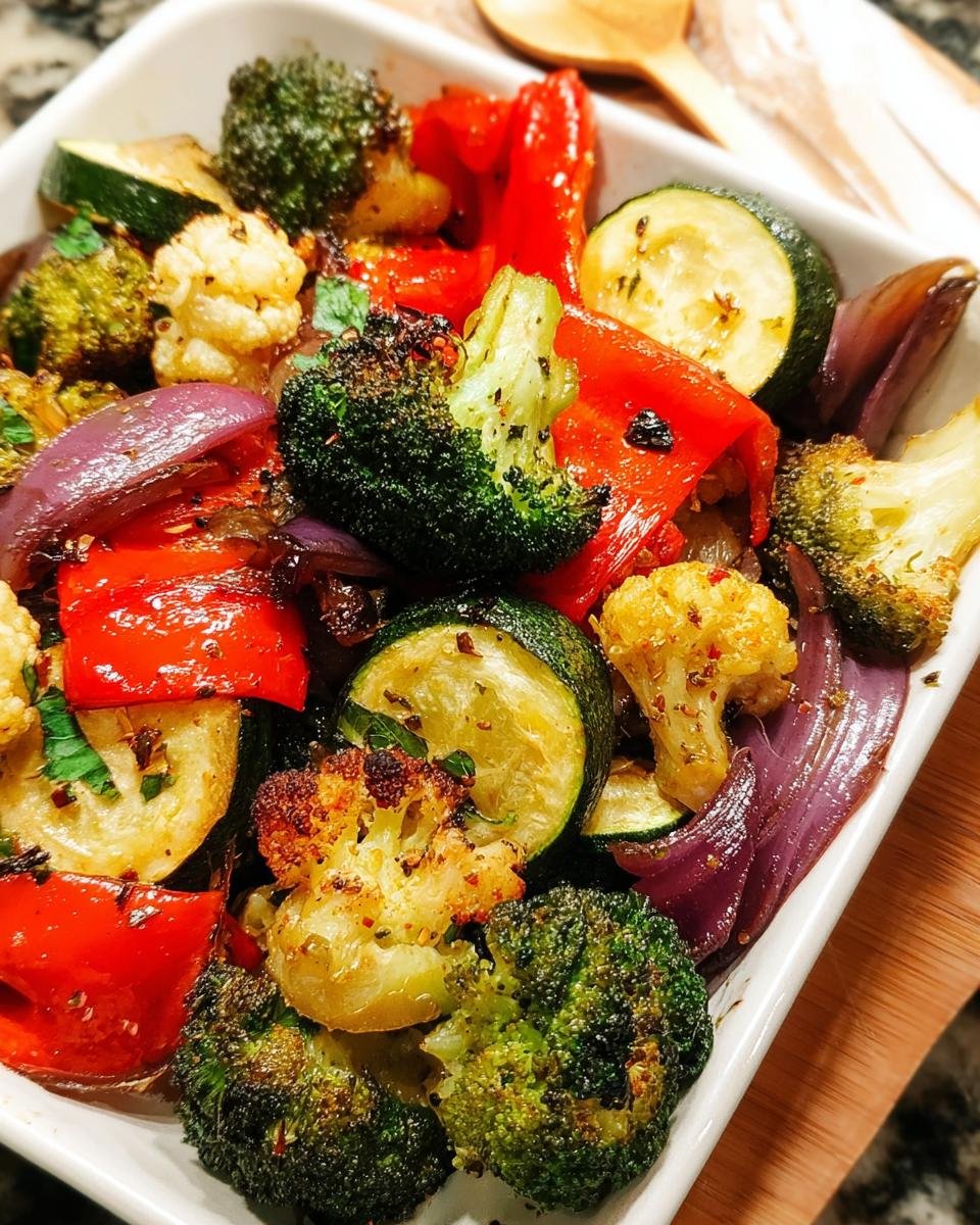 Close-up of vibrant Oven Roasted Vegetables Mix and Match including broccoli, red peppers, zucchini, and red onion.