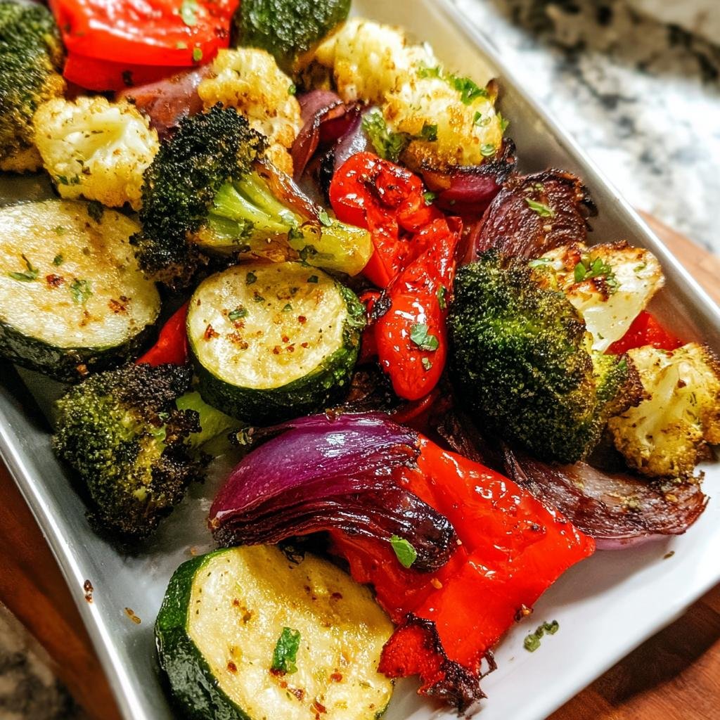 A close-up of colorful Oven Roasted Vegetables Mix and Match including zucchini, broccoli, red pepper, and onion on a baking sheet.