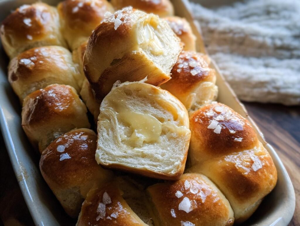 Close-up of golden brown Parker House Rolls Buttery and Soft, one roll pulled apart showing melted butter inside, topped with flaky salt.