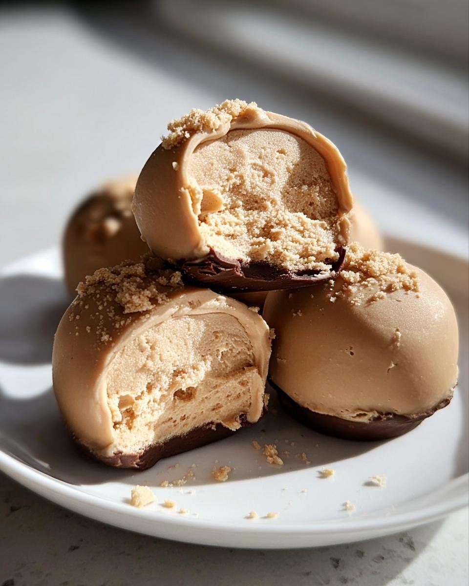 Close-up of Peanut Butter Yogurt Bites on a white plate, one cut in half to show the creamy filling.