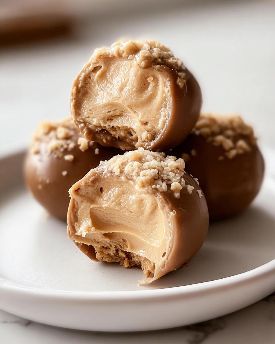 Close-up of Peanut Butter Yogurt Bites, one cut in half to show the creamy filling.
