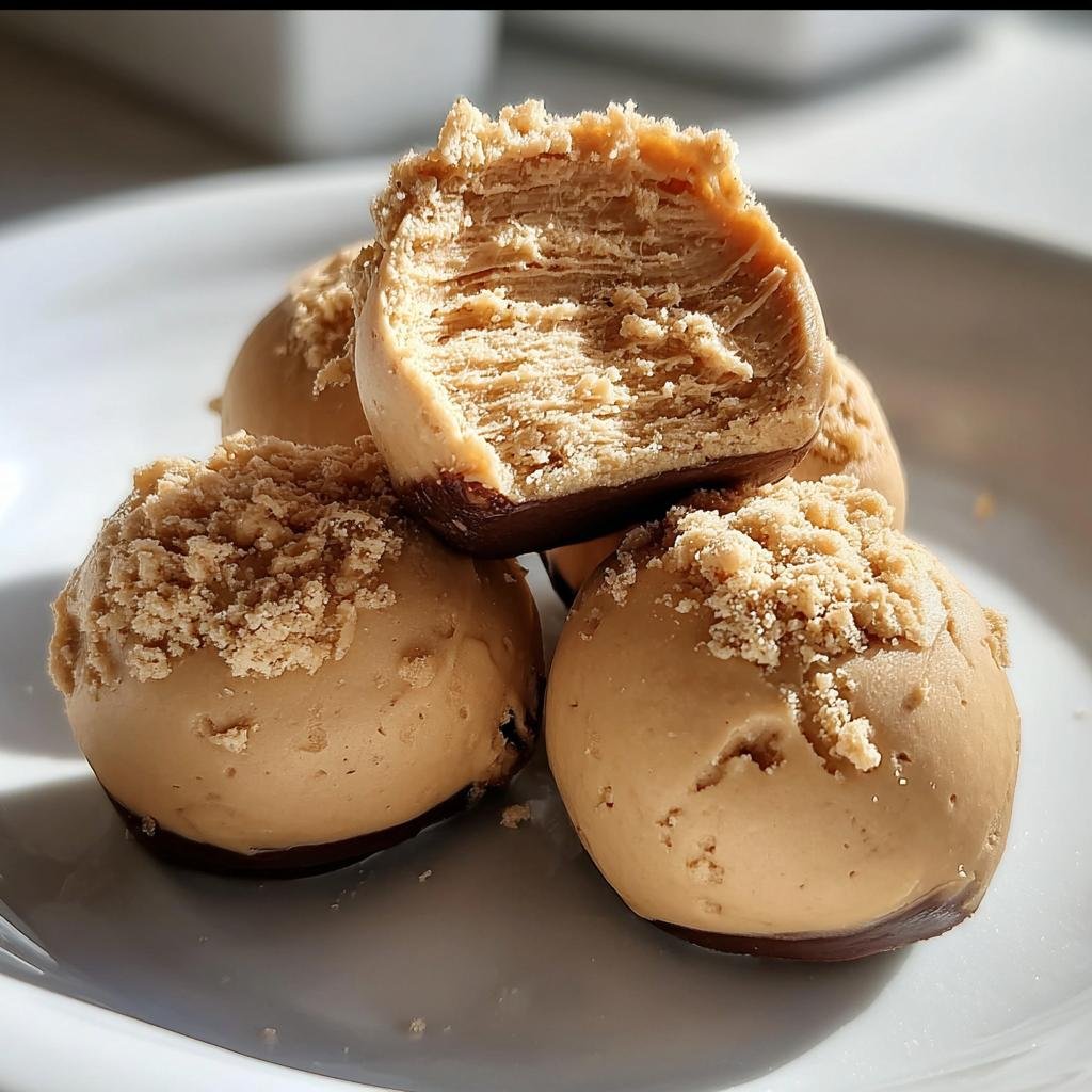 A stack of peanut butter yogurt bites, one with a bite taken out, showing the creamy filling and chocolate base.