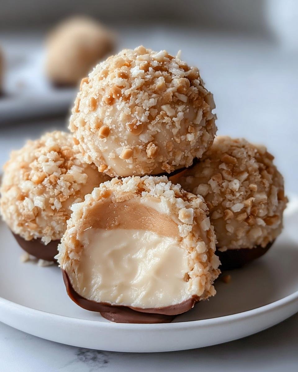 A stack of peanut butter yogurt bites, one cut in half to show the creamy yogurt and peanut butter filling.