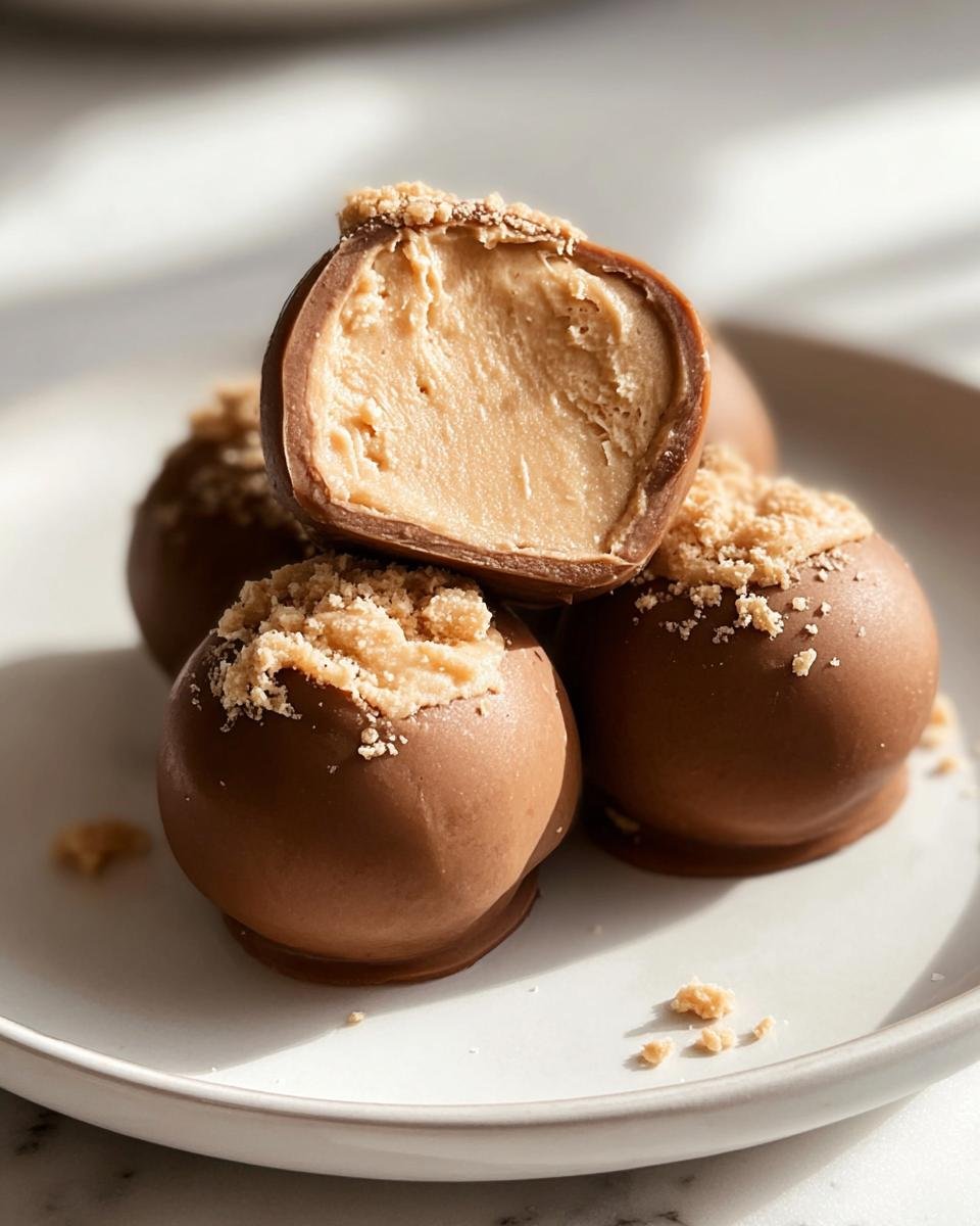 Close-up of Peanut Butter Yogurt Bites, one cut in half to show the creamy filling, topped with crumbs.