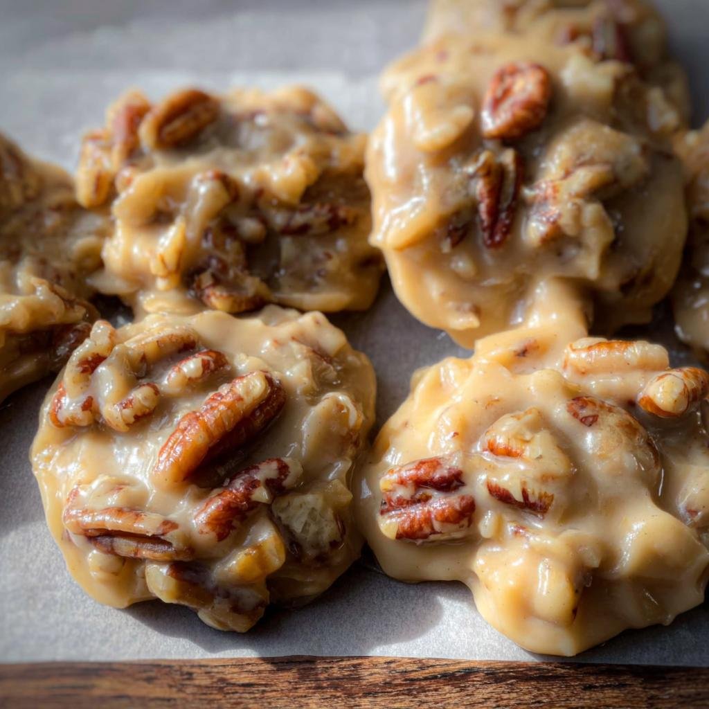 Close-up of several delicious homemade Pecan Pralines, showcasing the pecans and creamy texture.