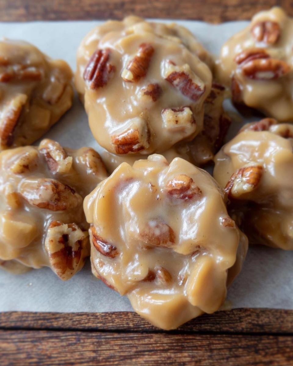 Delicious homemade Pecan Pralines Recipe with pecans and caramel coating on parchment paper.